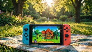 Fondo de pantalla tranquilo de Nintendo Switch en un jardín jugando Stardew Valley