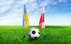Fondo de escritorio de campo de fútbol verde con banderas de Ucrania y Polonia.
