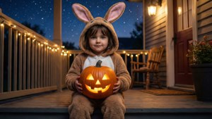 Adorable niño en pijama de conejo con una calabaza, acogedor fondo de pantalla de Halloween. — Lindos de Halloween Fondos de pantalla