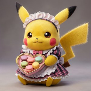 Pikachu con uniforme de mesera sirviendo macarrones, un fondo de pantalla lindo y kawaii.