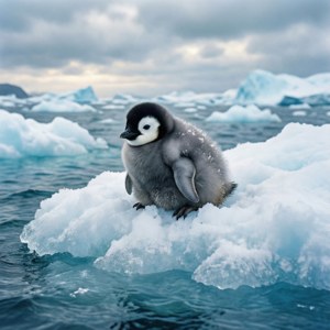 Un polluelo de pingüino tierno sentado solo sobre un iceberg en aguas heladas.