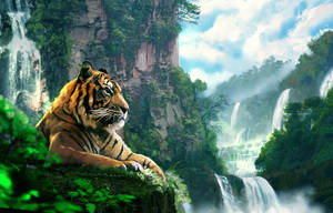 Pintura de tigre cerca de cascadas — Tigre Fondos de pantalla