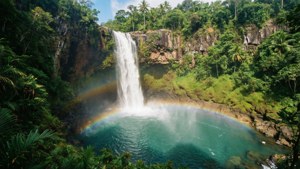 Una impresionante cascada tropical ultrapanorámica con arcoíris y piscina cristalina.