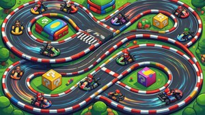 Vista isométrica de una pista de Mario Kart con karts compitiendo. — Nintendo Fondos de pantalla