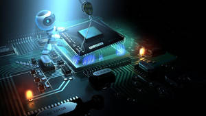 Fondo de pantalla de robot sosteniendo microchip en placa base de computadora