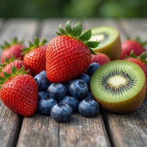 Un colorido arreglo de frutas frescas de verano sobre una mesa de madera, vibrante y saludable. — Estética de verano Fondos de pantalla