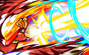 Pokémon ave roja lanzando fuego sagrado en batalla.