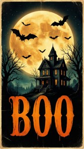 Póster retro con luna, murciélagos, casa embrujada y texto BOO