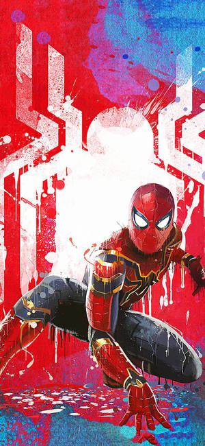 Spider-Man con traje metálico rojo y azul sobre fondo de pintura colorida. — Fondo rojo aesthetic Fondos de pantalla
