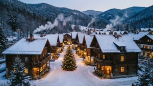 Un pintoresco pueblo nevado al atardecer con luces cálidas, capturando el encanto de una Navidad estética. — Navideño aesthetic Fondos de pantalla