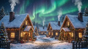 Un pintoresco pueblo nevado con ventanas iluminadas bajo un cielo de aurora verde. — Cielo verde Fondos de pantalla