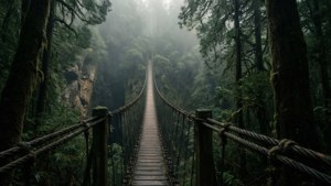 Un bosque oscuro con un puente colgante sobre un barranco brumoso, escena aventurera.