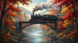 Una nostálgica escena anime de otoño con un tren cruzando un puente. — Escena de anime GIF Fondos de pantalla
