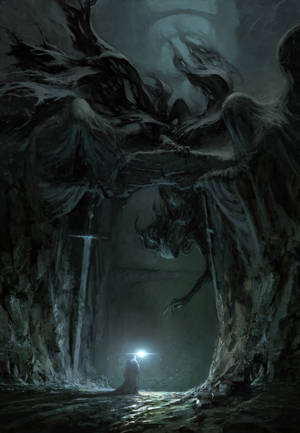 Fondo de pantalla de cueva oscura con puerta custodiada por dragón negro escalofriante — Oppo Pad 4 Pro Fondos de pantalla