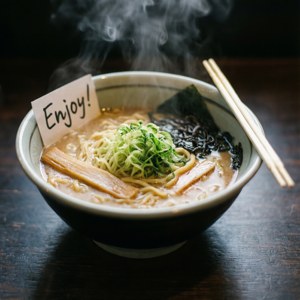 Un primer plano de un tazón humeante de ramen entregado con una nota personal. — Galaxy Watch Fondos de pantalla