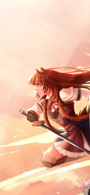 Fondo de pantalla de Raphtalia sosteniendo su espada sobre un fondo de cielo rosa. — iPhone 14 Plus Fondos de pantalla