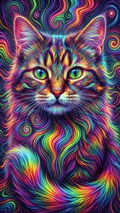 Trippy Gato de Cheshire con rayas de arcoíris y espirales neón. — iPhone 5 Fondos de pantalla
