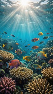 Escena submarina de un arrecife de coral con rayos de sol y peces tropicales. — iPad Fondos de pantalla
