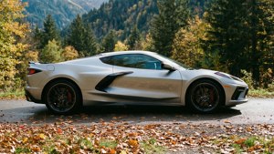 Chevrolet Corvette C8 en una carretera de montaña en un entorno otoñal.