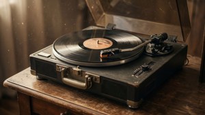 Un nostálgico primer plano de un tocadiscos con un vinilo girando. — Estética retro Fondos de pantalla