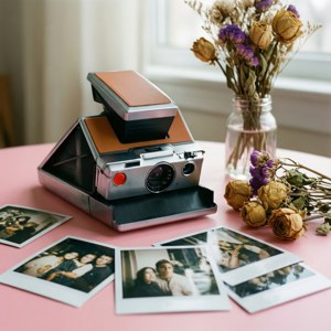 Naturaleza muerta en tonos pastel suaves con una cámara Polaroid vintage y fotografías — Estética retro Fondos de pantalla