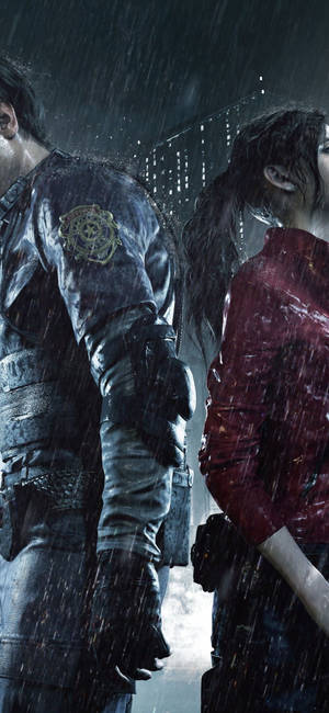 Fondo de pantalla para iPhone de Resident Evil 2 Remake con Leon Kennedy y Claire Redfield.