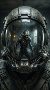 El casco de Isaac refleja a un necromorfo acechando en la oscuridad.