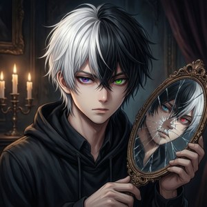 Chico anime con actitud rebelde, cabello partido y espejo roto.