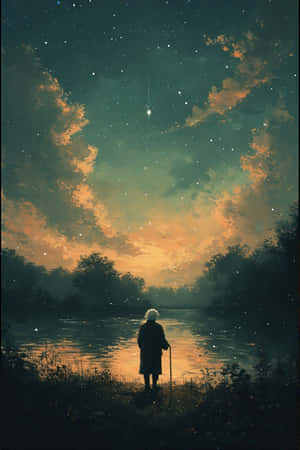 silueta anciana,bastón,lago,atardecer,tranquilo,naranja suave,cielo verde,nubes esponjosas,estrella solitaria — Cielo verde Fondos de pantalla