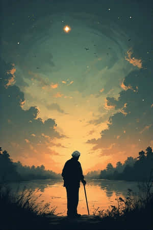 silueta de anciano,bastón,lago,atardecer,apacible,naranja suave,cielo verde,nubes esponjosas,estrella solitaria — Cielo verde Fondos de pantalla