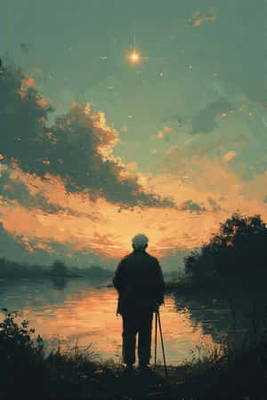 silueta de anciano,bastón,lago,atardecer,tranquilo,naranja suave,cielo verde,nubes esponjosas,estrella solitaria — Cielo verde Fondos de pantalla