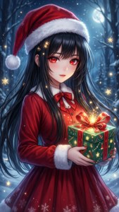 Chica anime en traje de Santa sosteniendo un regalo brillante en un bosque nevado