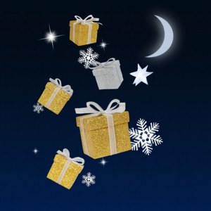 Regalos flotantes mágicos con copos de nieve y estrellas en un cielo nocturno. — Regalos de Navidad Fondos de pantalla