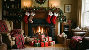 Regalos apilados junto a una chimenea crepitante en una sala de estar cálida y tradicional. — Regalos de Navidad Fondos de pantalla