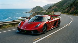 Fondo de pantalla de Un Koenigsegg Regera rojo toma una curva costera con océano y colinas.