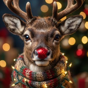 Adorable reno con nariz roja y bufanda en luces festivas — Navidad linda Fondos de pantalla