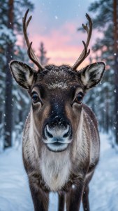 Adorable reno con ojos grandes en un sereno bosque invernal al atardecer. — Navidad linda Fondos de pantalla