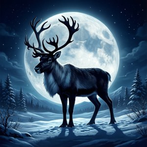 Silueta de un reno bajo una luna llena en una noche nevada. — Navideño aesthetic Fondos de pantalla