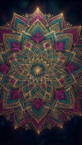 Patrón de mandala intrincado en dorado y verde azulado, brillando sobre fondo oscuro, para iPhone 11 Pro Max.