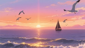 Un impresionante atardecer anime sobre el mar con colores cálidos y una sensación nostálgica. — Escena de anime GIF Fondos de pantalla