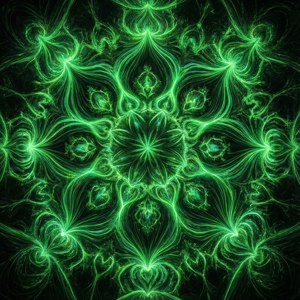 Un intrincado patrón fractal en verde neón con detalles simétricos y brillantes.