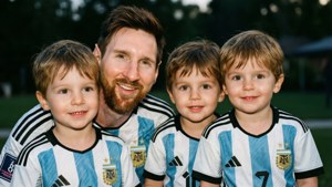 Messi con sus hijos usando camisetas de Argentina.