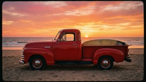 Atardecer playero de los años 70 con una clásica camioneta roja y una tabla de surf — Estética retro Fondos de pantalla