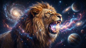 Un león galáctico y majestuoso ruge con energía cósmica en medio de galaxias brillantes. — Galaxia león GIF Fondos de pantalla