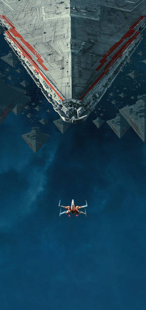 Fondo de pantalla de Star Wars de una nave espacial sobre el cielo azul claro con edificios flotantes — iPhone 13 Pro Max Fondos de pantalla