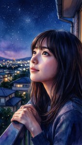 Rikako en un balcón mirando las estrellas — Olas del mar Fondos de pantalla
