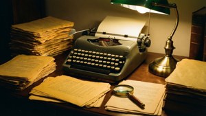 Estudio de academia oscura con máquina de escribir y papeles.