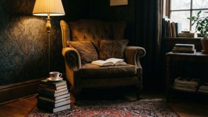 Un rincón de lectura cálido y con ambiente, con una lámpara y libros.