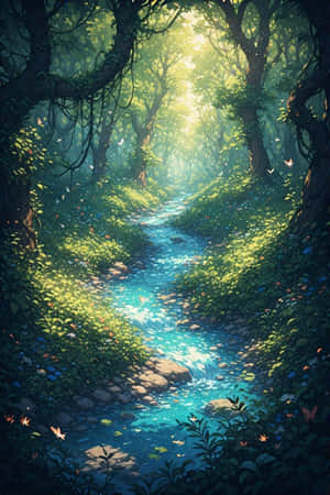 anime,río,bosque,salvaje,verde,animado,tranquilo,enredaderas,luz solar,pájaros,mariposas,naturaleza,paisaje,4K — iPhone 4 Fondos de pantalla