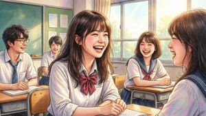 Rikako riendo con amigos en un salón soleado